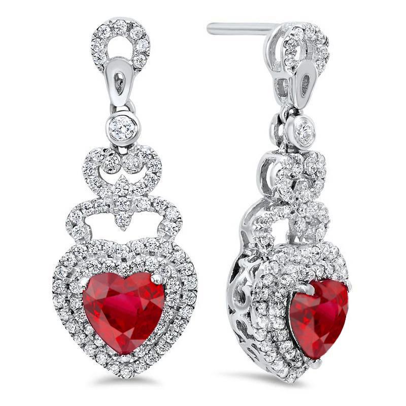 5.70 CT Red Ruby & Diamonds White Gold Womens Dangle Earrings