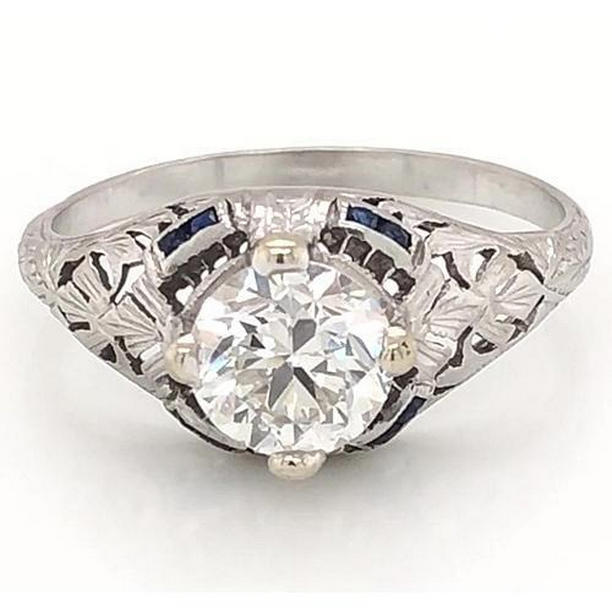 58130 Antique Style 1.50 CT Blue Sapphire Diamond Ring, 14K White Gold - Size 6.5