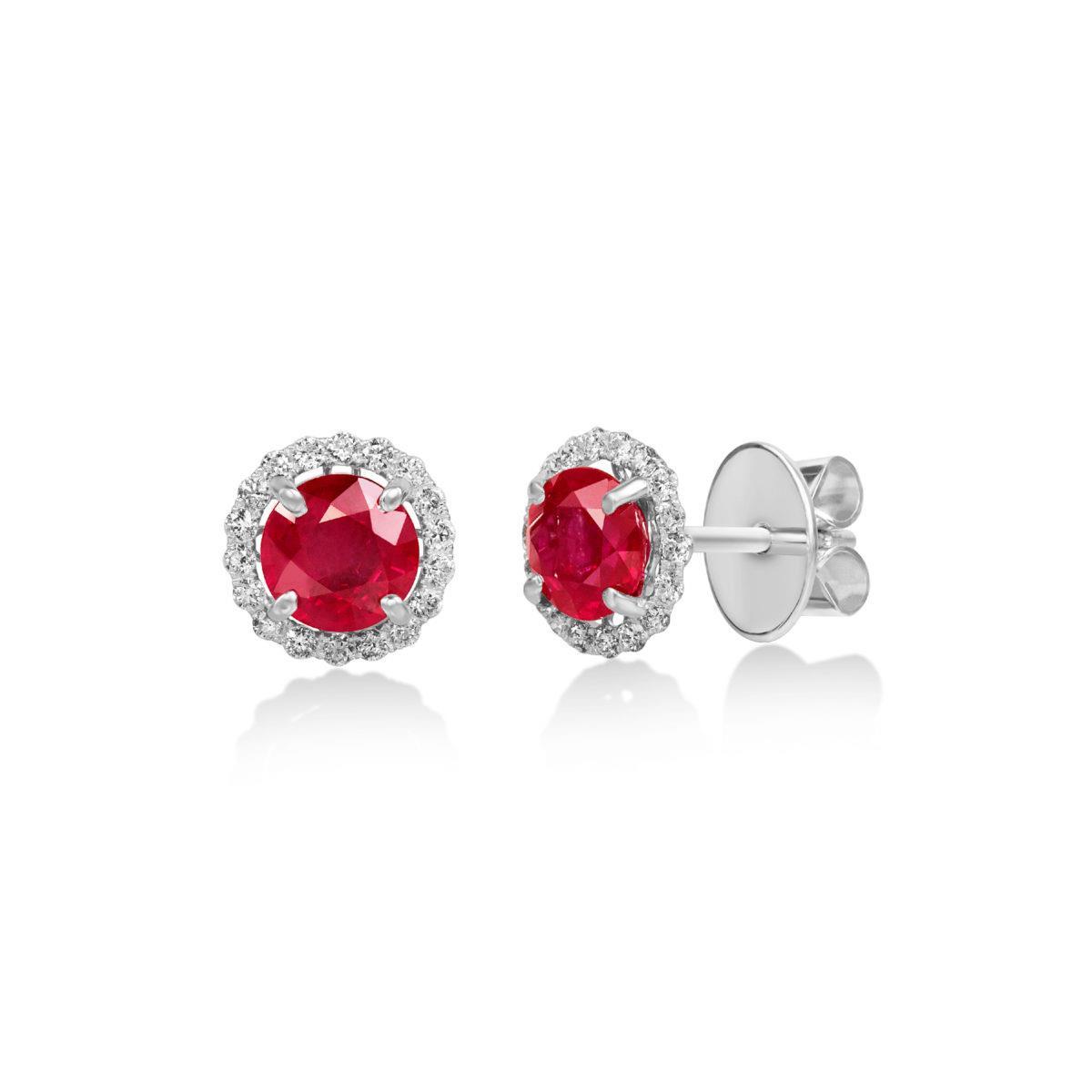 Brilliant Cut 4.36 CT Ruby & Diamonds Stud Earrings, 14K White Gold