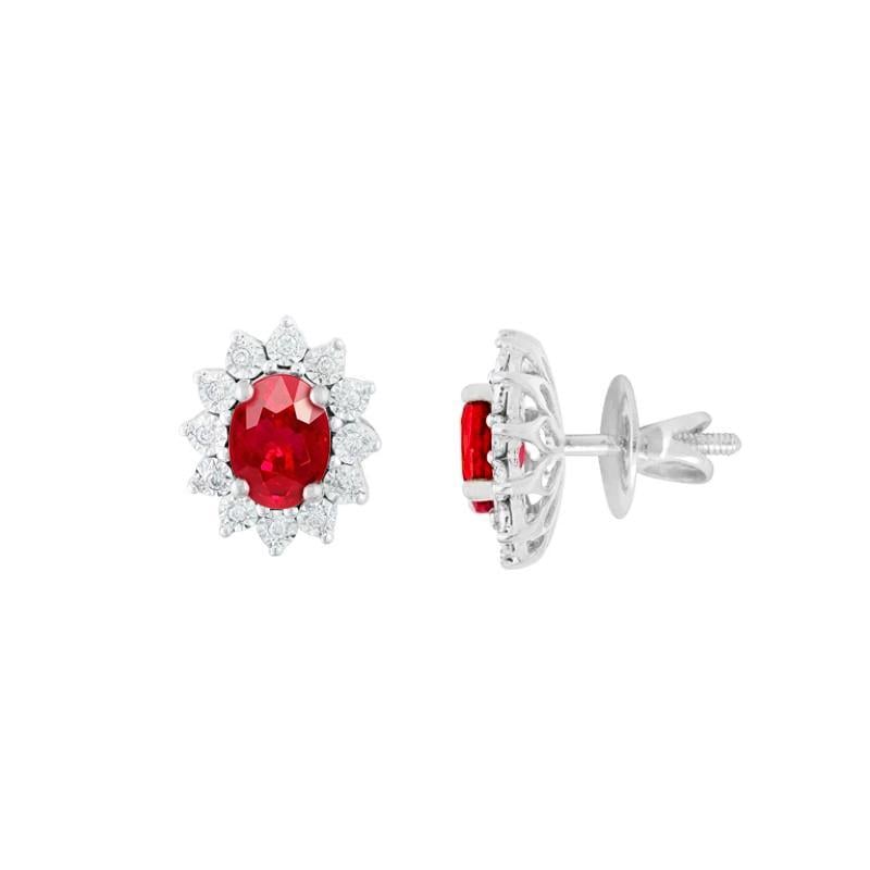 Flower Style 5 CT Ruby & Diamonds Stud Earrings, 14K White Gold