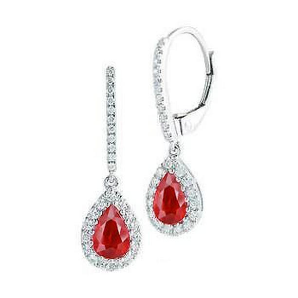 6 CT Ruby & Diamonds Womens Dangle Earrings, 14K White Gold