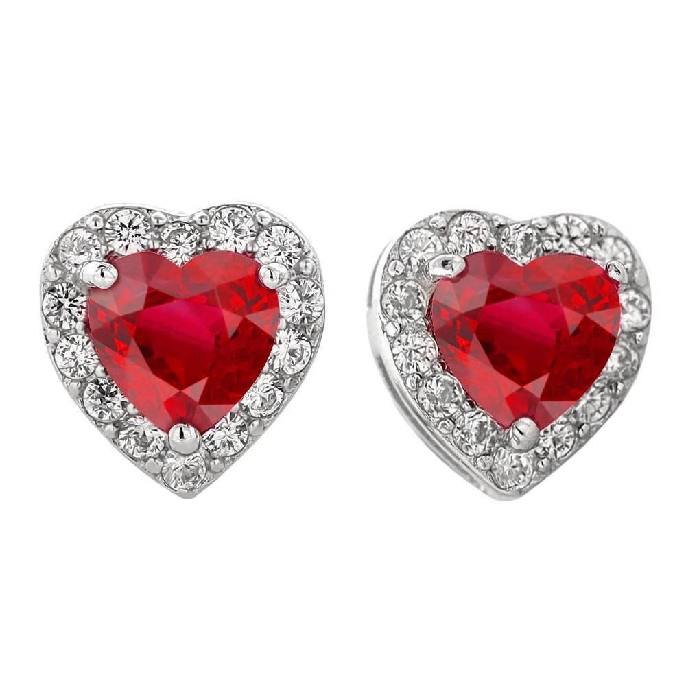 Heart Cut Ruby & Round Diamond 6 CT Stud Earrings, 14K White Gold