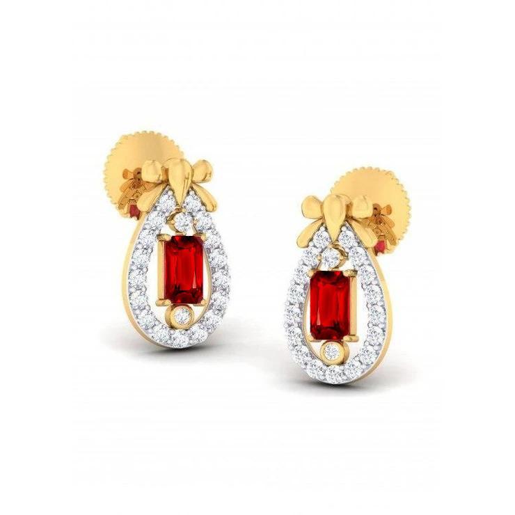 Pear Shape 4.10 CT Ruby & Diamonds Stud Earrings, 14K Yellow Gold