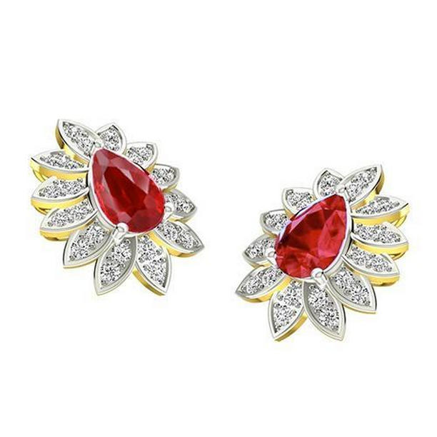 5.40 CT Ruby & Diamonds Stud Earrings, 14K Yellow Gold
