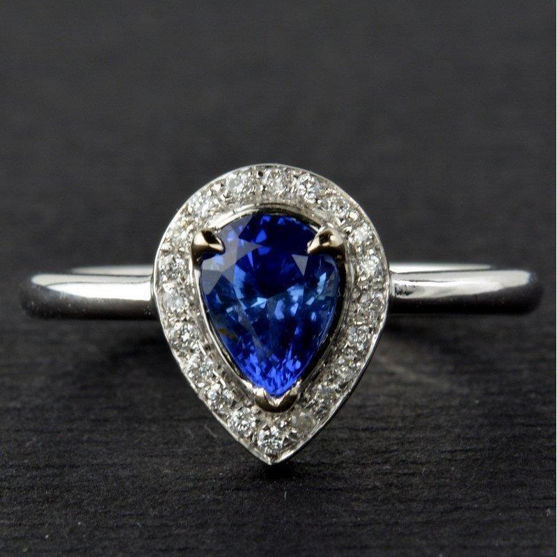 2.50 CT Pear Shaped Sapphire 14K White Gold Diamond Ring, Size 6.5