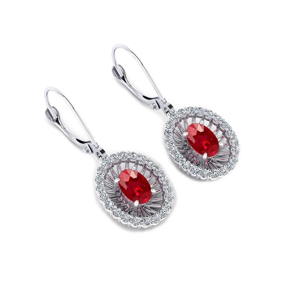 Oval Ruby & Round Diamonds 4 CT Dangle Earrings, 14K White Gold