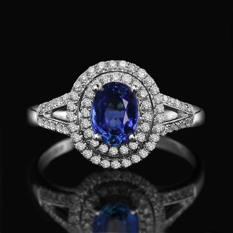 59501 2.45 CT Blue Oval Sapphire with Diamond Wedding Ring, 14K White Gold - Size 6.5