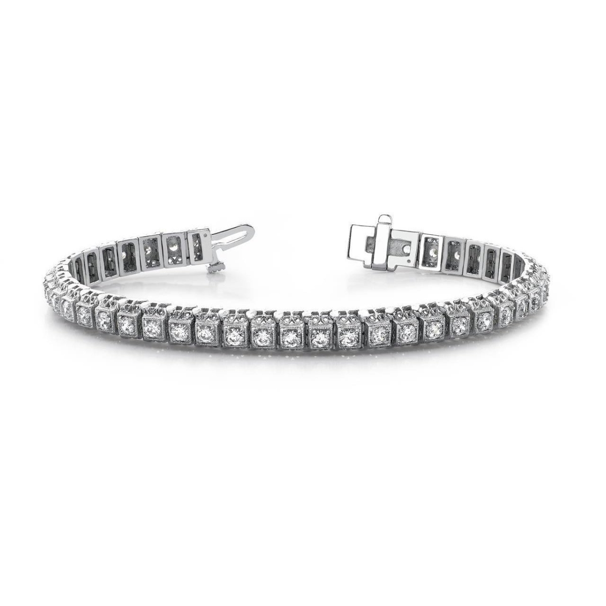 60260 6 CT White Gold Milgrain Square Style Link Round Diamond Bracelet