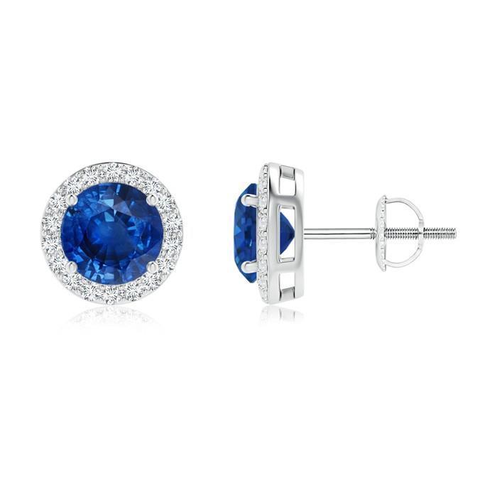4 CT Ceylon Sapphire Round Diamond Stud Earrings, 14K White Gold