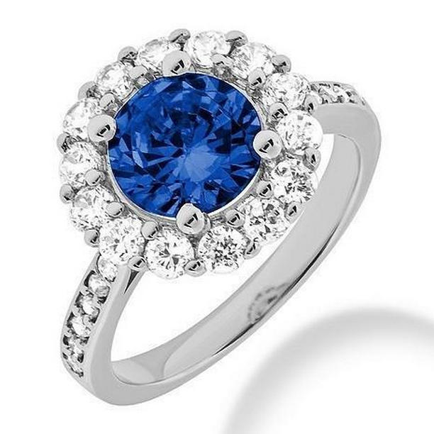 61107 3.50 CT Ceylon Sapphire & Halo Diamond Wedding Ring, 14K White Gold - Size 6.5