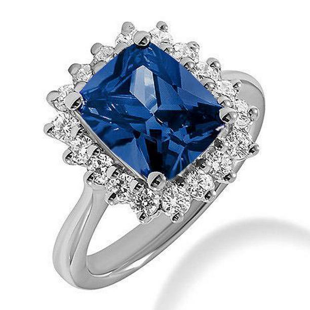 61109 Big Cushion Ceylon Sapphire & Round Diamonds 4 CT Ring, White Gold - Size 6.5