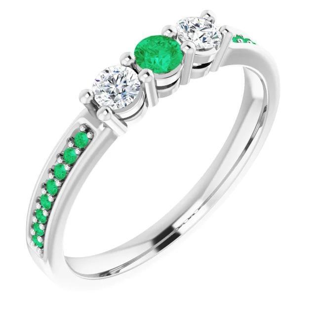 61115 3 Stone Style 1.50 CT Diamond & Emerald Stones Ring, 14K White Gold - Size 6.5