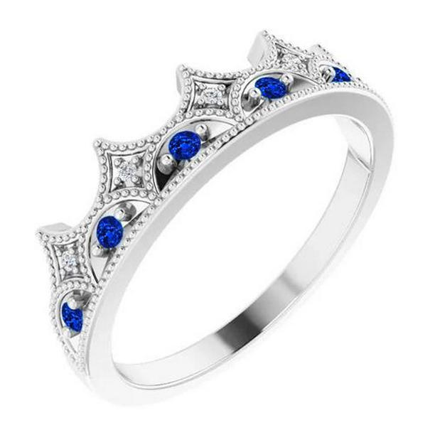 61130 1.40 CT Crown Style Diamond & Sapphire Stone Anniversary Ring, Size 6.5
