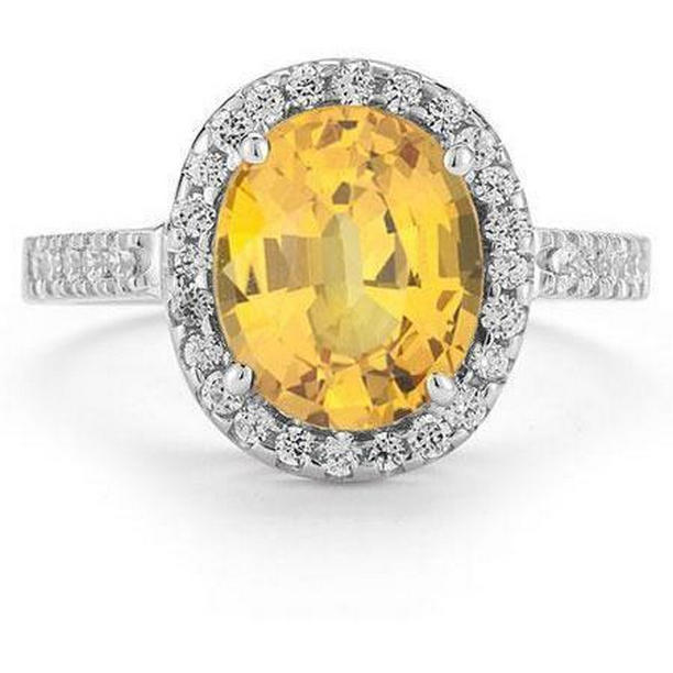 61832 23 CT Oval Cut Yellow Citrine & Diamond Wedding Ring, White Gold - Size 6.5