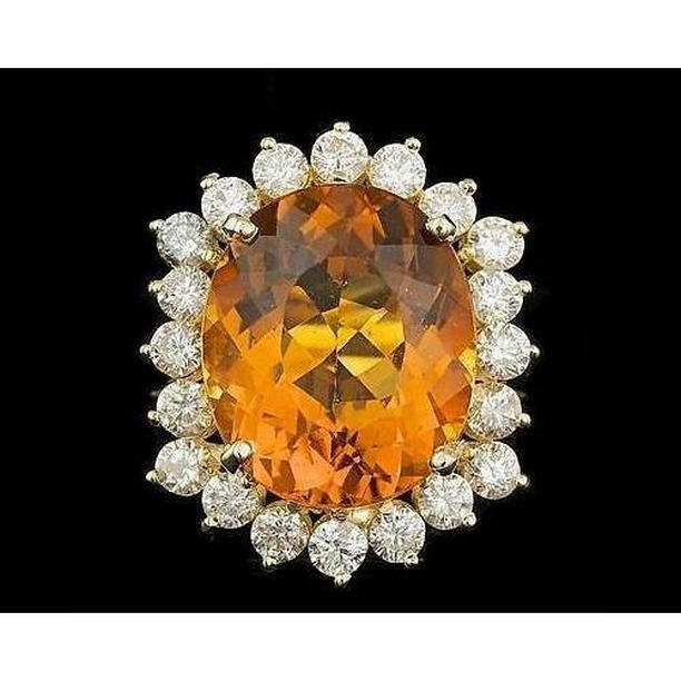 61834 15.50 CT Oval Cut Citrine & Diamond Wedding Ring, 14K Yellow Gold - Size 6.5
