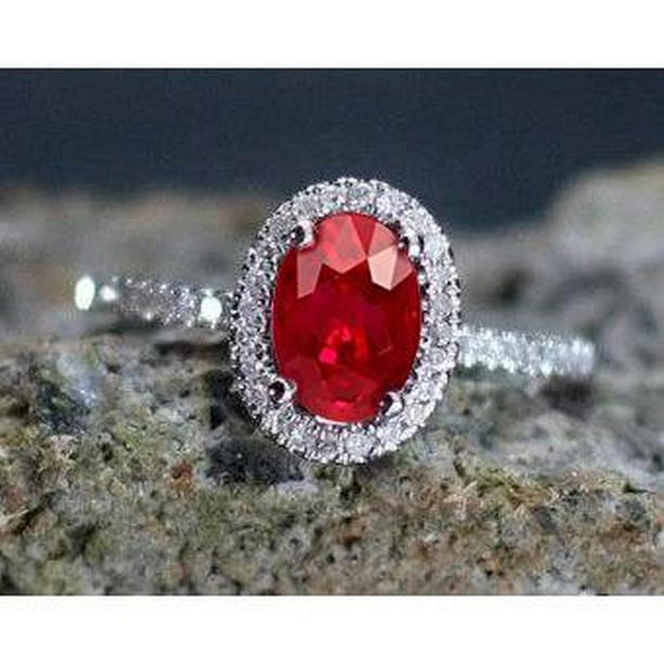 61849 3.65 CT Halo Red Ruby & Diamonds Wedding Ring, 14K White Gold - Size 6.5