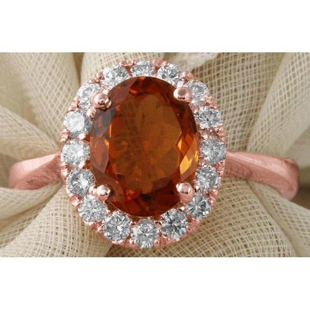 61855 27.50 CT 14K Rose Gold Oval Cut Citrine & Diamond Wedding Ring, Size 6.5
