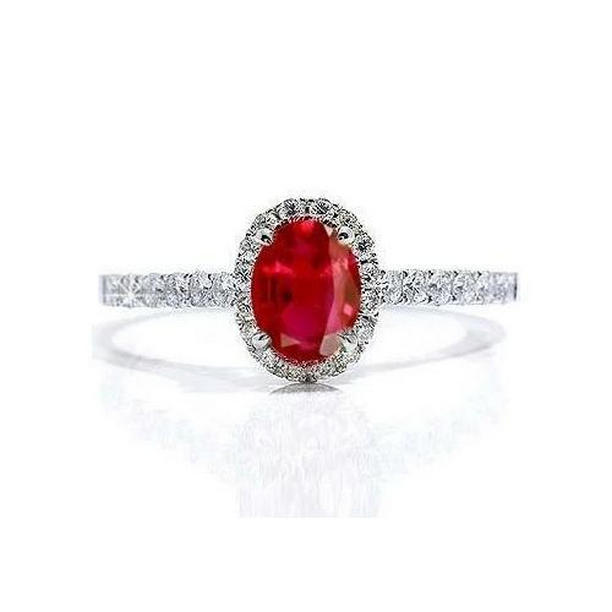 61872 3.70 CT Oval Ruby Lady Halo 14K White Gold Diamond Ring, Size 6.5