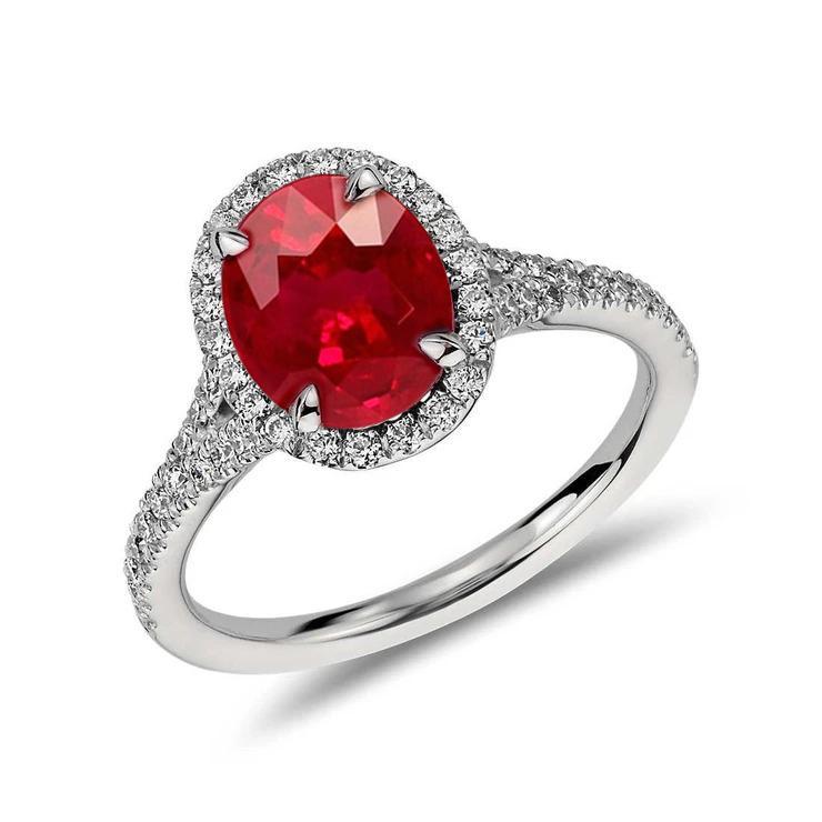 61874 3.30 CT Red Oval Ruby Diamond 14K White Gold Wedding Ring, Size 6.5
