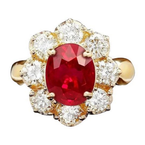 61875 4 CT 14K Yellow Gold Red Ruby Diamond Wedding Ring, Size 6.5