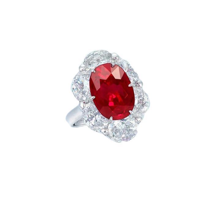 61876 Red Ruby with Halo 14K White Gold 5.25 CT Gemstone Diamond Ring, Size 6.5