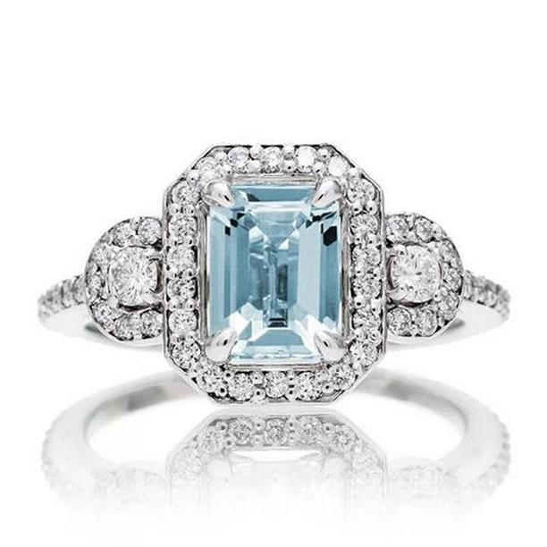 62458 6.25 CT Emerald Cut Aquamarine & Small Diamonds Ring, White Gold - Size 6.5
