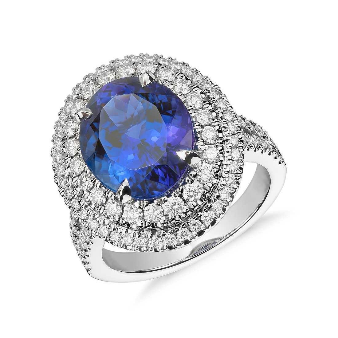 62467 6.15 CT Oval Tanzanite & Diamonds Wedding Ring, 14K White Gold - Size 6.5