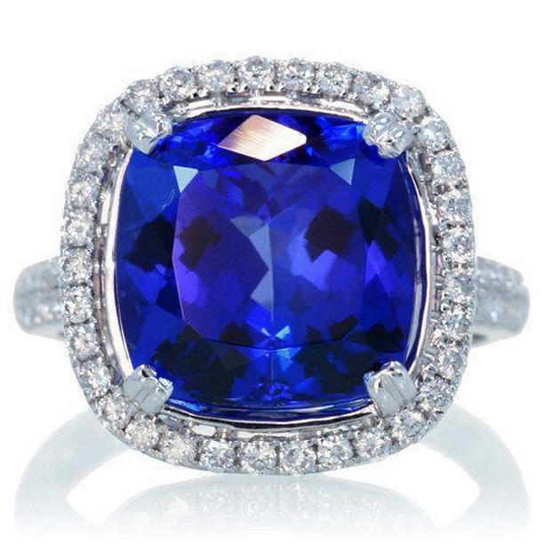 Cushion Tanzanite & Diamond 6.50 CT Wedding Ring, 14K Gold - Size 6.5