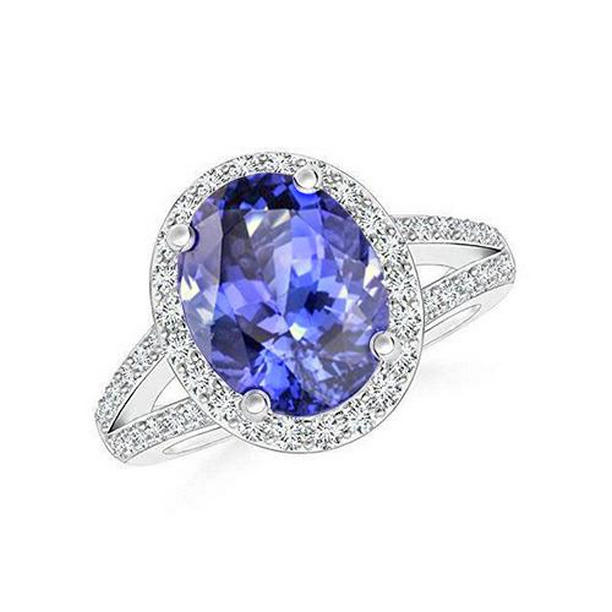 62509 6 CT Halo Tanzanite with Diamonds Ring, 14K White Gold - Size 6.5