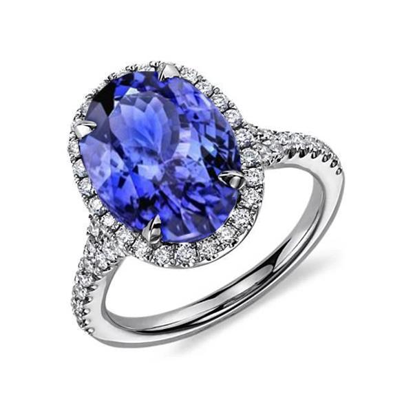 6.85 CT Tanzanite with Halo Diamonds Ring, 14K White Gold - Size 6.5