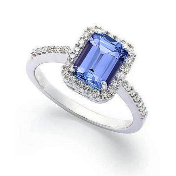 5.80 CT Prong Set Tanzanite & Diamonds Ring, 14K White Gold - Size 6.5