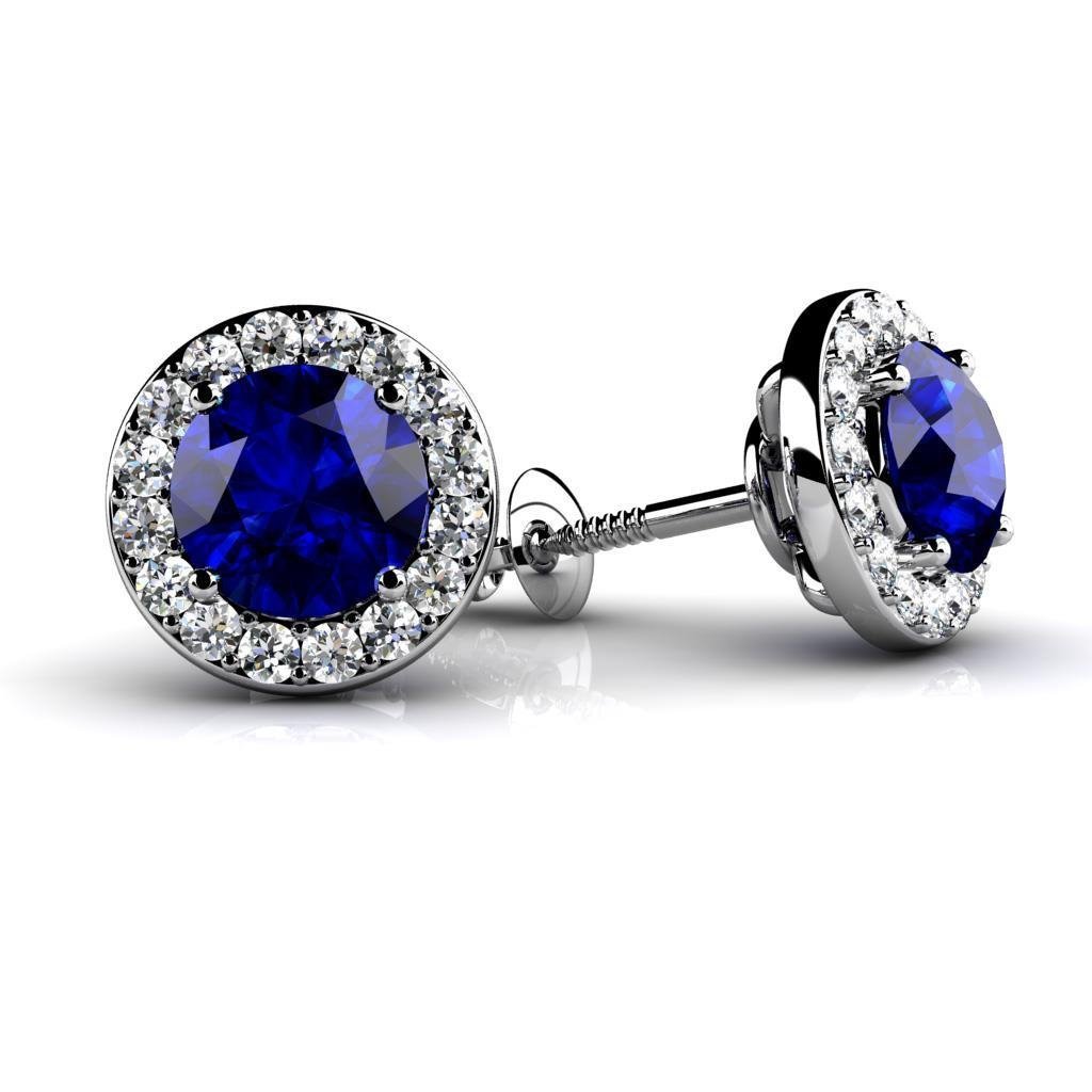 Womens 5 CT Sapphire & Diamond Stud Earrings, 14K White Gold