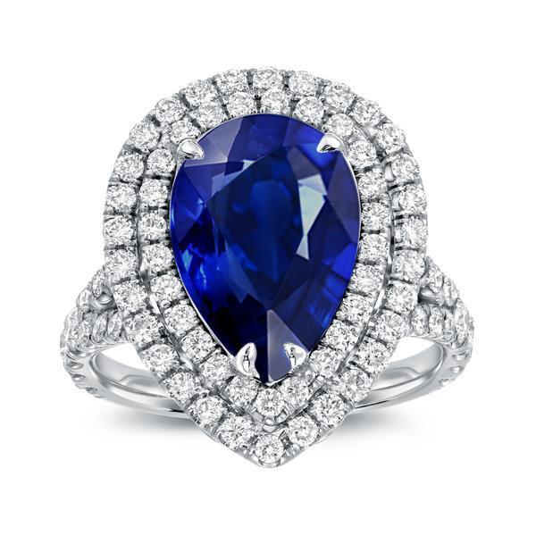 64000 5 CT Pear Sapphire with Round Diamonds Ring, 14K White Gold - Size 6.5