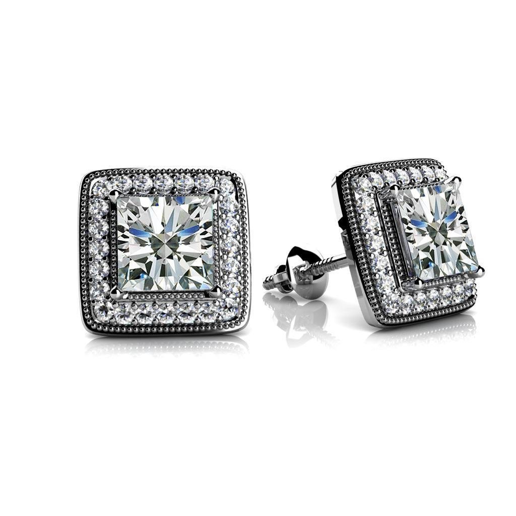 Milgrain Princess & Round 4.90 CT Diamond Stud Earrings, Size 6.5