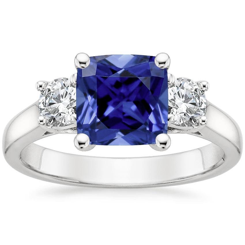 65489 3.25 CT Cushion Ceylon Sapphire Diamond 3 Stone Ring, Size 6.5