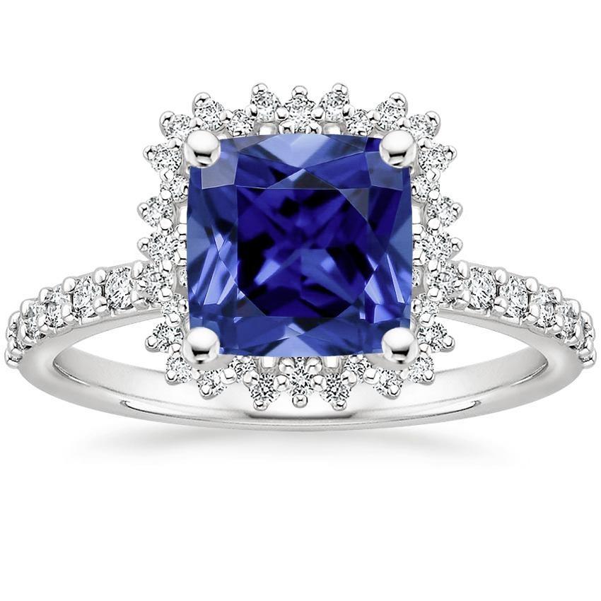 Picture of Harry Chad Enterprises 65495 3.25 CT Diamond Halo Flower Style Blue Sapphire Ring&#44; White Gold - Size 6.5