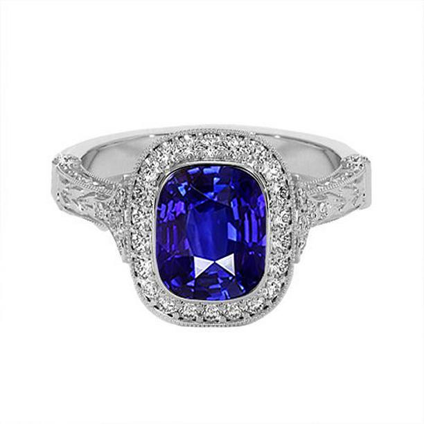 Picture of Harry Chad Enterprises 65574 8 CT Antique Style Bezel Set Cushion Ceylon Sapphire Diamond Ring&#44; Size 6.5