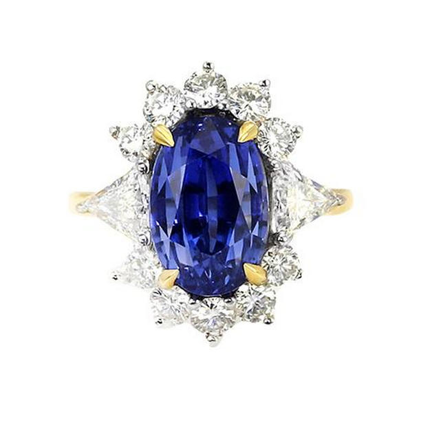 Picture of Harry Chad Enterprises 65577 Halo Diamond Ceylon 4.25 CT Two Tone Sunburst Style Sapphire Ring&#44; Size 6.5