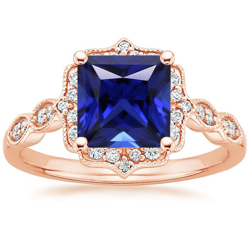 Picture of Harry Chad Enterprises 66043 5.50 CT Rose Gold Halo Milgrain Princess Blue Sapphire Diamond Ring&#44; Size 6.5