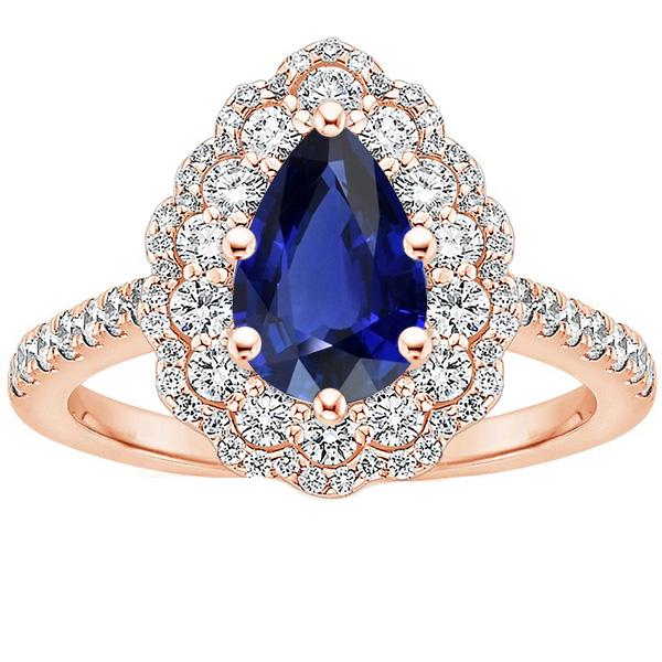 66536 4 CT Double Rose Gold Flower Style Pear Ceylon Sapphire Halo Ring, Size 6.5