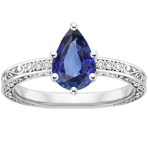 4 CT Pear Blue Sapphire Solitaire Ring with Diamond Filigree Shank, Size 6.5