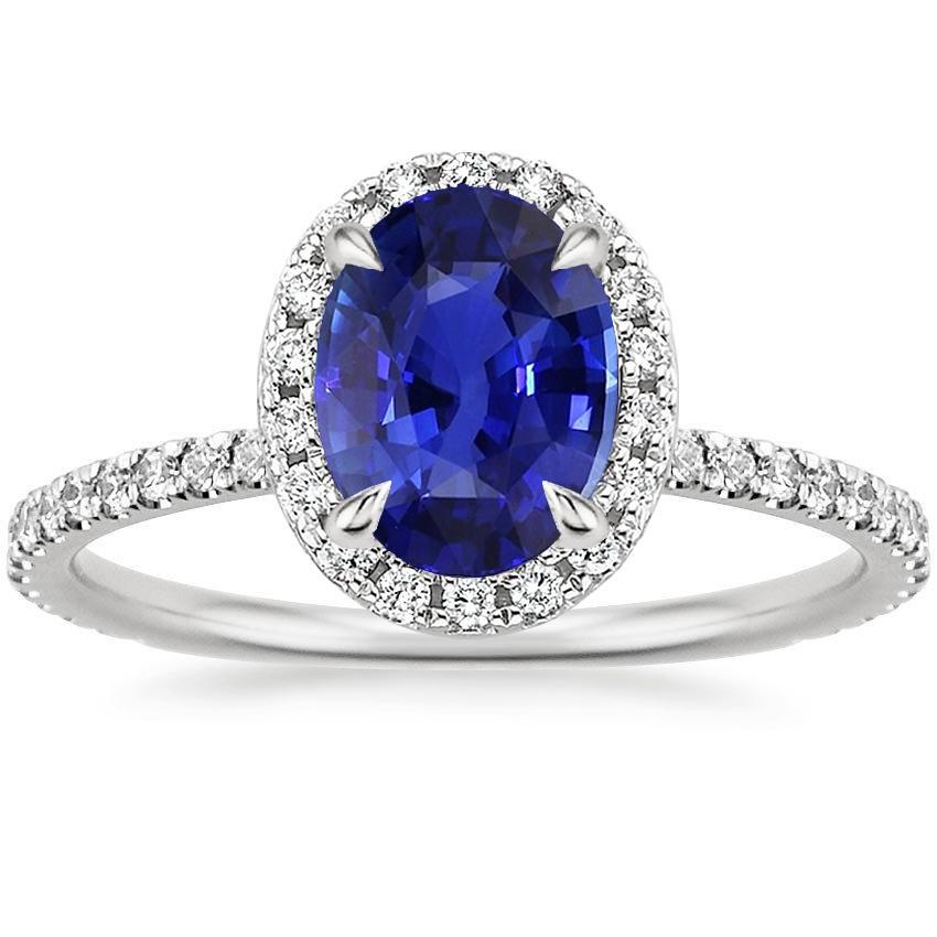 4 CT Oval Cut Ceylon Sapphire & Pave Set Diamonds Halo Ring, Size 6.5