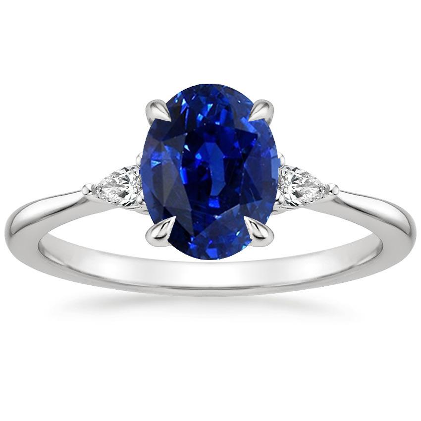 66549 2.50 CT Three Stone Oval Sri Lankan Sapphire & Pear Diamonds Ring, Size 6.5