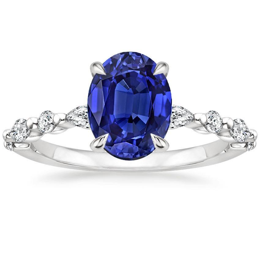 66550 4 CT Solitaire Ring with Pear & Round Diamond Accent Blue Sapphire, Size 6.5