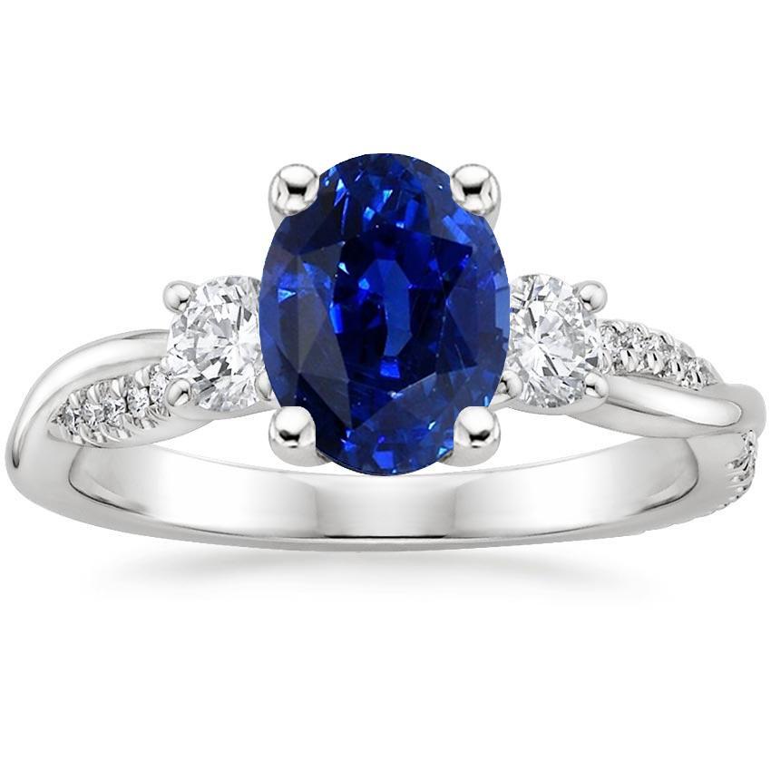 66561 4 CT Three Stone Oval Blue Sapphire & Round Diamond Accents Ring, Size 6.5