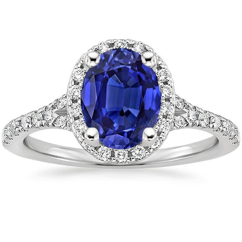66566 Oval Cut Blue Sapphire & Diamonds 4 CT Split Shank Halo Ring, Size 6.5