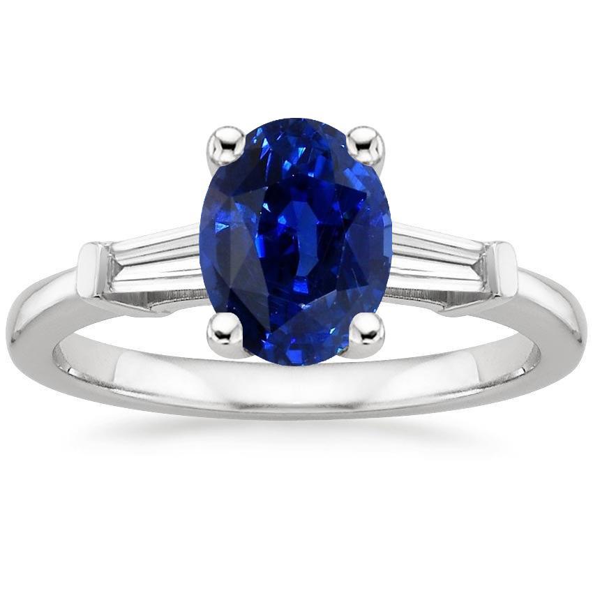 66573 3 CT Three Stones Oval Ceylon Sapphire & Baguette Diamonds Ring, Size 6.5