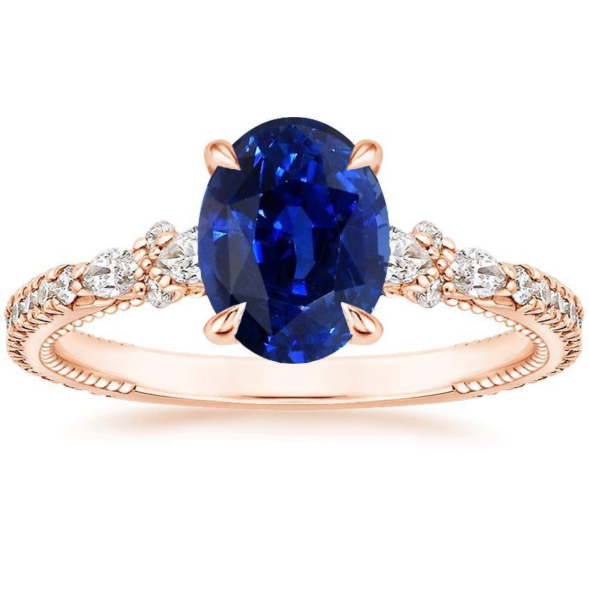 66581 4 CT Solitaire Ring with Pear Diamond Accents Oval Ceylon Sapphire, Size 6.5