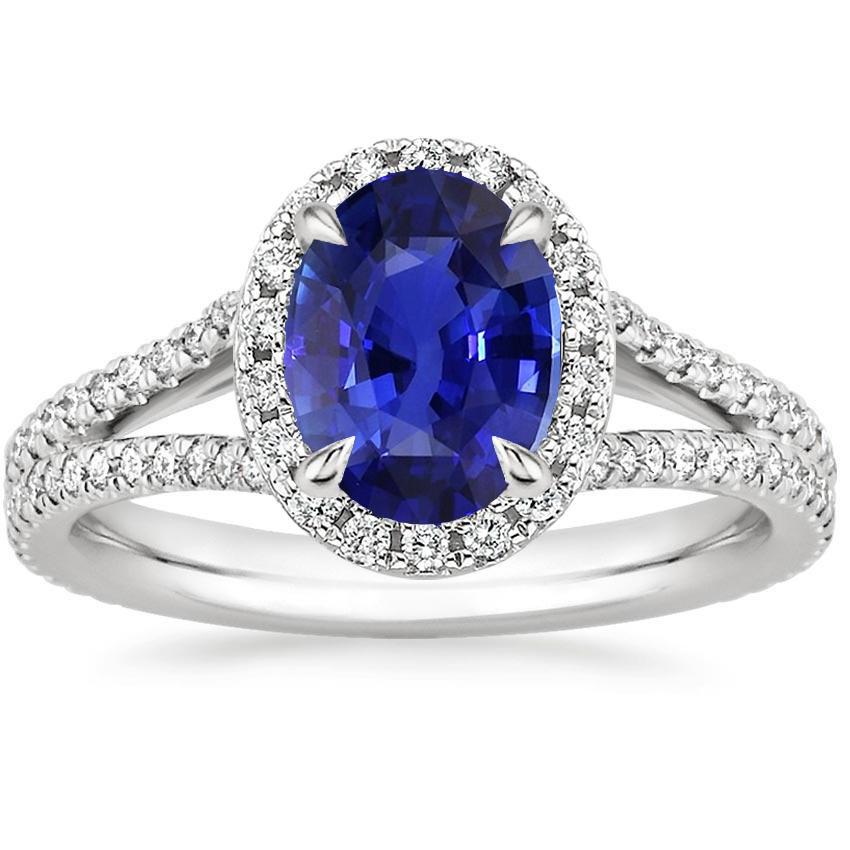 66588 4 CT Oval Ceylon Sapphire & Diamonds V Split Shank Halo Ring, Size 6.5