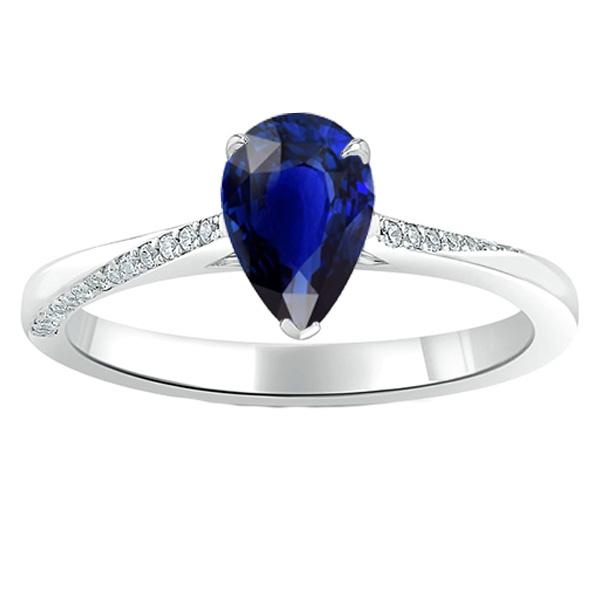 2.50 CT White Gold Blue Pear & Round Diamonds Sapphire Ring, Size 6.5